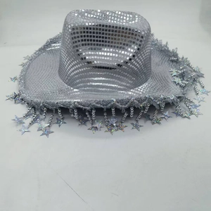 Disco style silver sequin cowboy hat with hanging stars for party performances