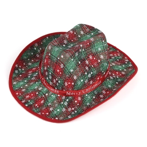 Christmas plaid cowboy hat with Merry Christmas ribbon and white snowflake patterns