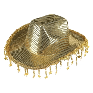 Sparkling gold sequin cowboy hat with star tassels for parties and stage performances