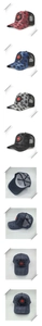 Dettaglio di cappelli trucker in mesh traspirante con logo a foglia di acero in vari colori