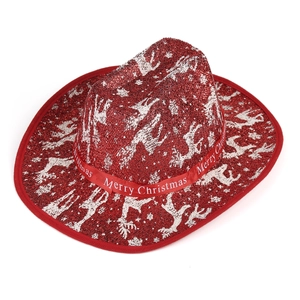 Sparkly red sequin Christmas cowboy hat featuring reindeer patterns and Merry Christmas ribbon