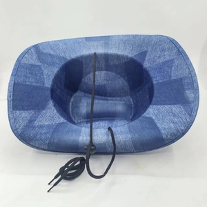 Classic blue denim printed western cowboy hat with adjustable black chin strap cord