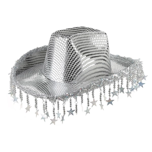 Silver disco sequin cowboy hat with sparkling star tassels for party and stage performance