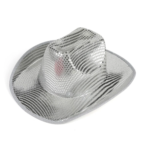 Cappello da cowboy con paillettes argento e tesa larga per feste disco e spettacoli