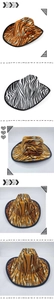 Detail view of stylish tiger and zebra print cowboy hats with wide brim and accent trim