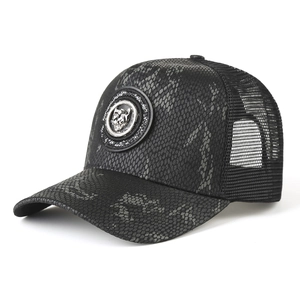 Black snake texture mesh cap with metallic leopard head emblem for outdoor sun protection