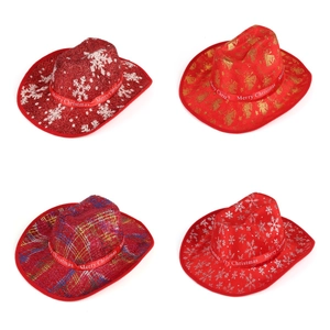 Merry Christmas Western Cowboy Hat Red Sequin Snowflake Stars Plaid Design Festive Party Cosplay Decorative Festive Hat