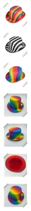 Detailansicht bunter Zylinder mit Regenbogenstreifen und schwarz-weißem Muster Design