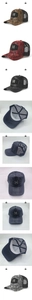 Close-up of breathable mesh baseball caps with M logo and DK monogram pattern print