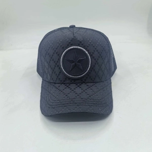 Unisex black trucker hat with star patch and breathable mesh back for summer