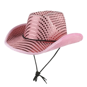 Detailed view of pink sequin cowboy hat showing rows of sequins and adjustable chin strap