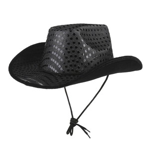 Detail of black western cowboy hat featuring shimmering sequins and adjustable chin strap