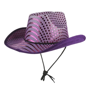 Close-up of purple sequin western cowboy hat with adjustable chin strap for stage performance