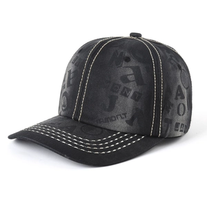Vintage black washed cotton baseball cap with letter print and white contrast stitching