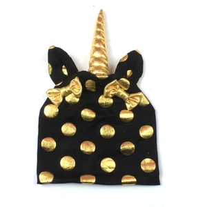 Kids Cartoon Unicorn Knitted Hat With Gold Polka Dots And Bowknot For Baby Girls Warm Beanie Winter Autumn Toddler Cap