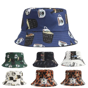 Close-up of bucket hat collection featuring multi-color options and coffee graphic details