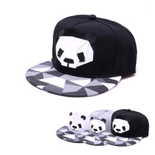 Black hip-hop baseball cap with geometric panda print and camouflage pattern brim details