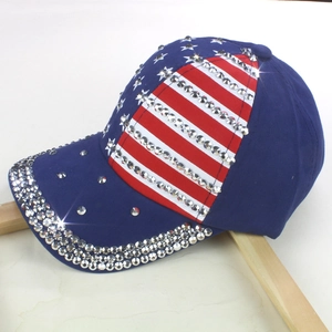 Denim baseball cap featuring US flag design with hand-set sparkling rhinestones