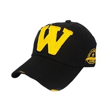 Detail of black vintage baseball cap featuring yellow chenille W patch and side embroidery