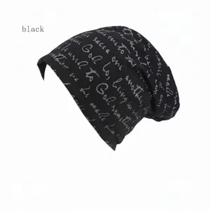 Black slouchy beanie hat with grey letter print pattern for men and women