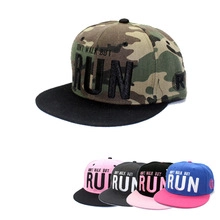 Detail of multi-color hip hop snapback hats with DON'T WALK BUT RUN embroidery