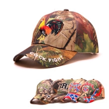 Detailed view of forest camouflage baseball cap with rooster embroidery and COCK FIGHT text