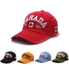 Close-up of premium 3D embroidered CANADA lettering and flag logo on cotton baseball caps