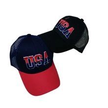 Close-up of USA embroidery on black and red-blue mesh trucker hats for sports