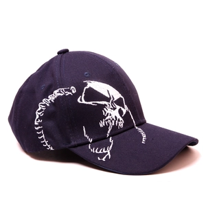 Detail of white skull embroidery on navy blue cotton twill six-panel baseball cap
