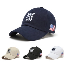 Detail of NYC 1985 3D embroidery and USA flag patch on cotton twill baseball cap