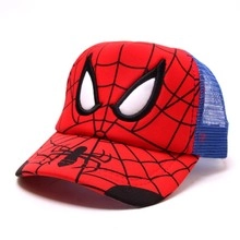 Detail of Spider-Man themed children's trucker hat with blue mesh and red web pattern