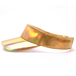 Detail view of the wide brim and holographic golden metallic fabric on sun visor hat