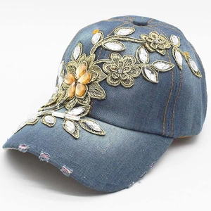 Denim baseball cap for women with gold floral embroidery and rhinestone details