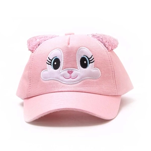 Pink kids baseball cap with cartoon animal embroidery and sequined 3D ears