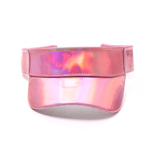Detail of pink holographic laser sun visor with metallic luster and reinforced stitching