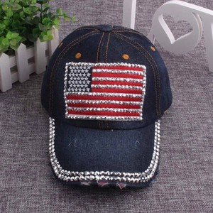 Detail of denim baseball cap with rhinestone US flag and studded distressed brim