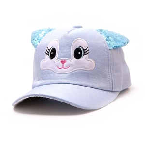Light blue cotton kids baseball cap with cute rabbit embroidery and blue sequin ears