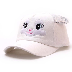Kids white baseball cap with cute bunny embroidery and shiny silver sequins detail