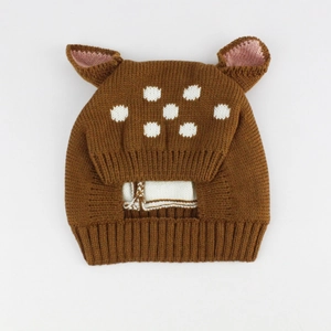 Cute brown deer knitted baby hat and scarf set with white spots for autumn and winter