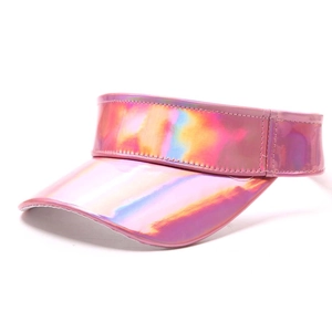 Holographic pink purple sun visor hat with reflective metallic finish for summer fashion