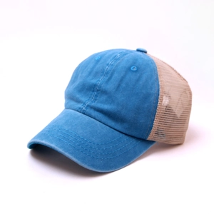 Distressed sky blue trucker hat with breathable beige mesh back and curved brim for outdoor