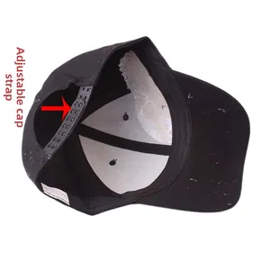 Detail view of the adjustable snapback closure and wash label on a black baseball cap