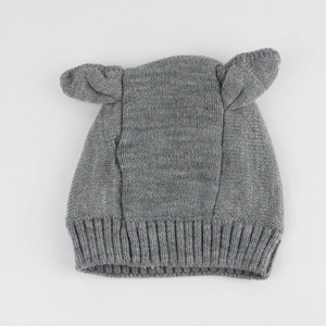 Cute gray knitted baby deer ear hat made of soft warm blend yarn for autumn and winter