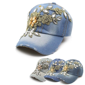 Women Washed Denim Baseball Cap Floral Embroidery Rhinestone Distressed Adjustable Retro Fashion Sun Hat Outdoor Jewelry