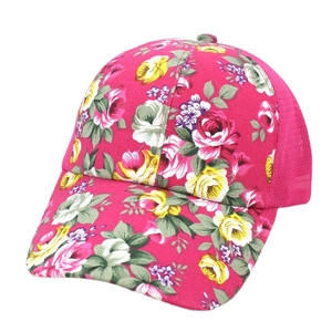 Women's rose red floral baseball cap with breathable mesh and vintage flower patterns