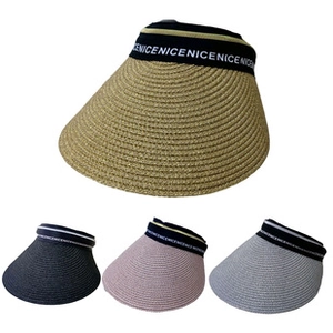 Detail of four-color straw visors showing khaki, navy, pink, and grey textures