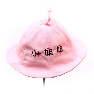 Pink cotton bucket hat for children with cute sprout top and red heart embroidery