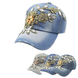 Women's denim baseball cap with floral embroidery and rhinestone embellishments