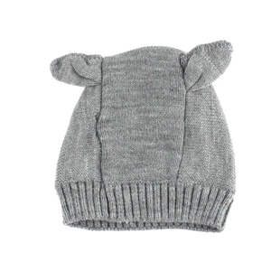 Cute gray knitted baby winter hat with animal ears and elastic ribbed cuff