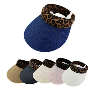 Detailed view of woven straw sun visors with leopard print headbands in six color options